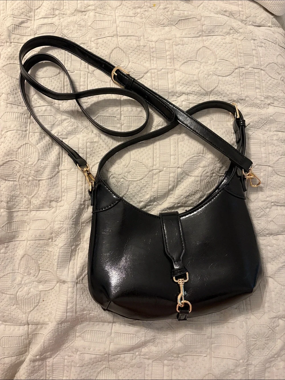 Classic Black Leather Crossbody Bag with Gold Hardware